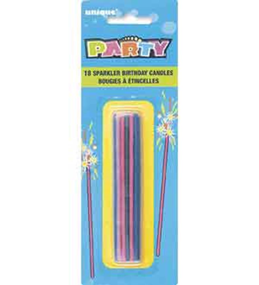 Assorted color sparkling birthday candles in red, blue, pink, and white set in clear plastic packaging with yellow backing.