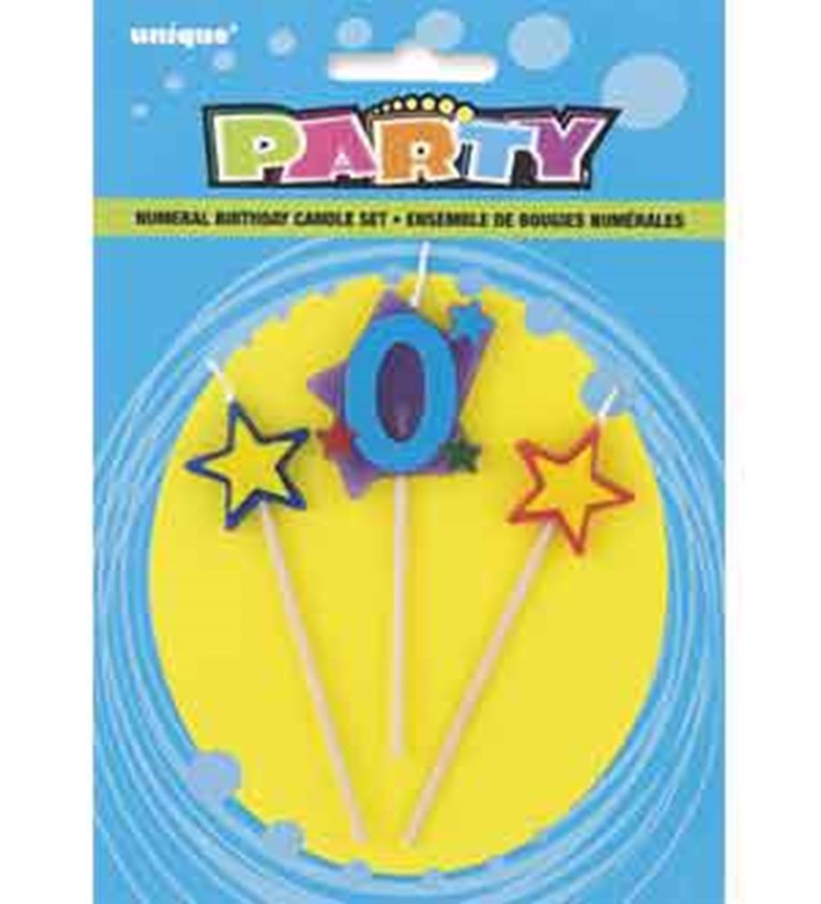 Blue number 0 candle with two star-shaped candles in yellow and red on wooden sticks.