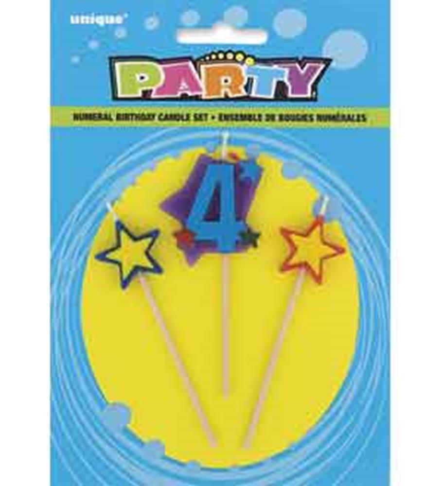 Set of four birthday candles with a blue number 4 and two red and yellow star shapes on white sticks against a yellow.