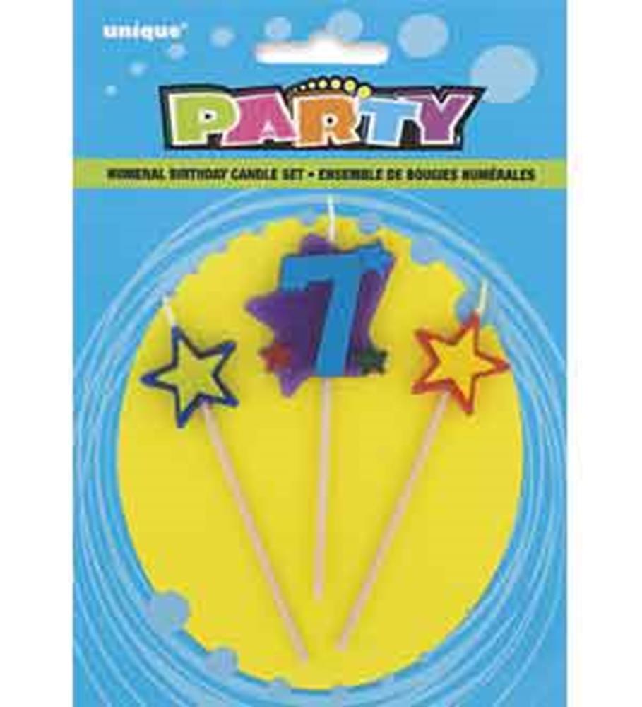 Blue number 7 birthday candle with two yellow and red star-shaped candles on sticks in yellow packaging.