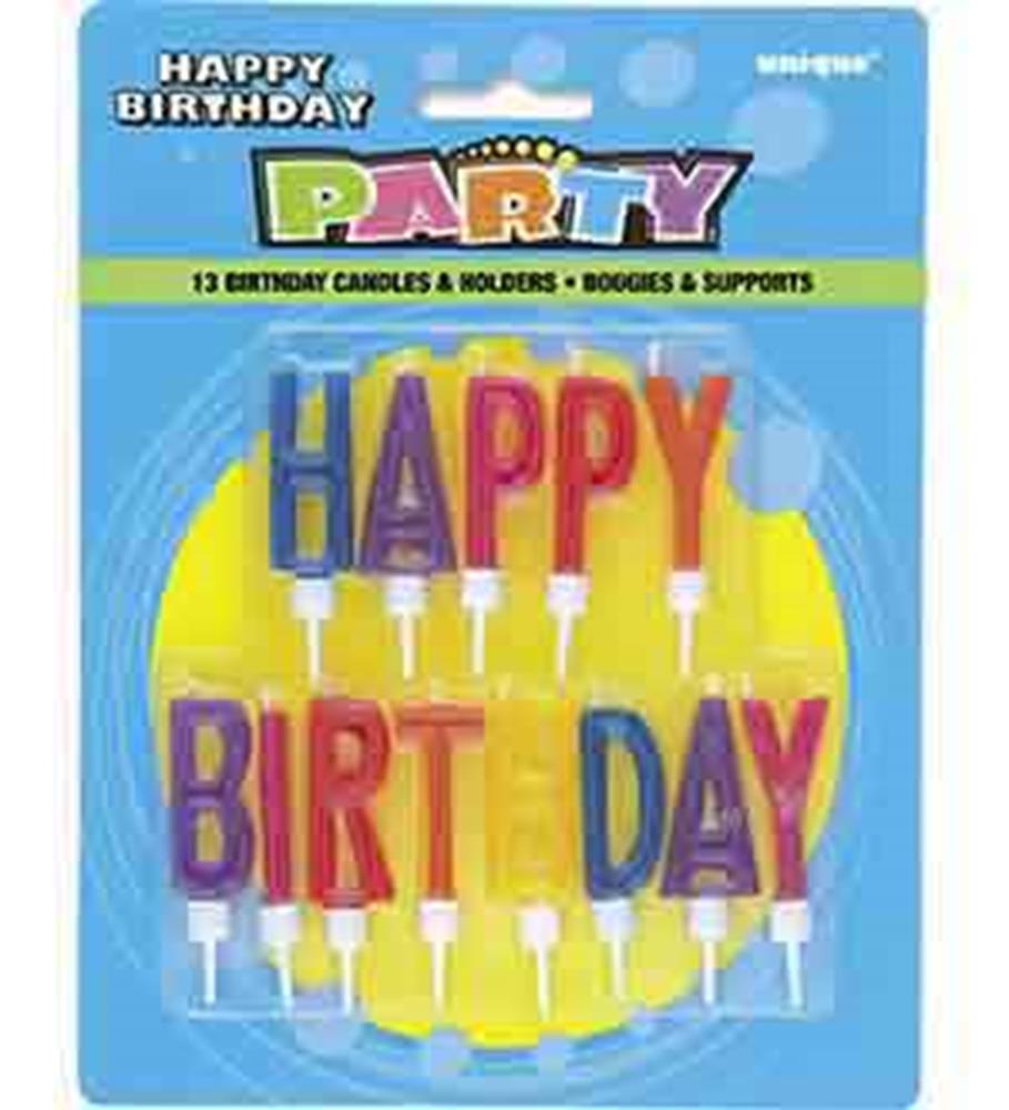 Colorful letter candles spelling "HAPPY BIRTHDAY" in red, blue, and yellow with white holders on blue card backing.