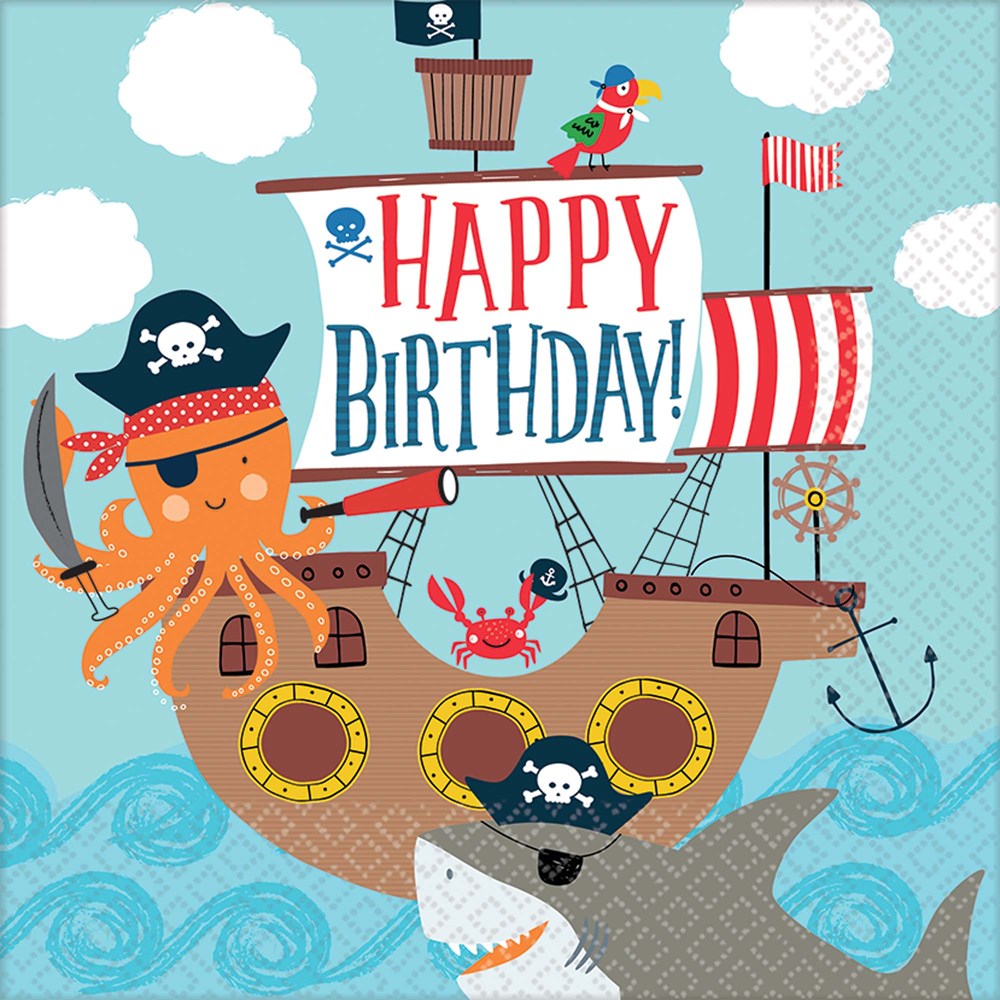 Large rectangular birthday napkin with a pirate-themed design featuring a pirate octopus, ship, parrot, crab, and shark on a
