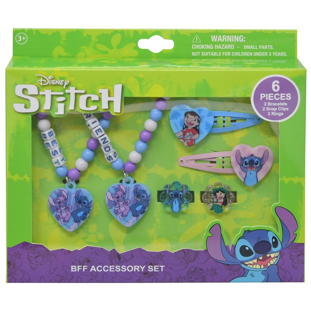 Disney Stitch BFF accessory set with purple heart earrings, colorful beads, and hair clips on green backing.