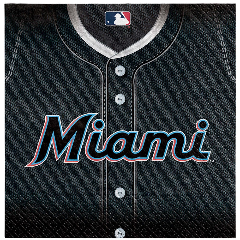 Black lunch napkin with Miami Marlins script logo and button-up baseball jersey design.