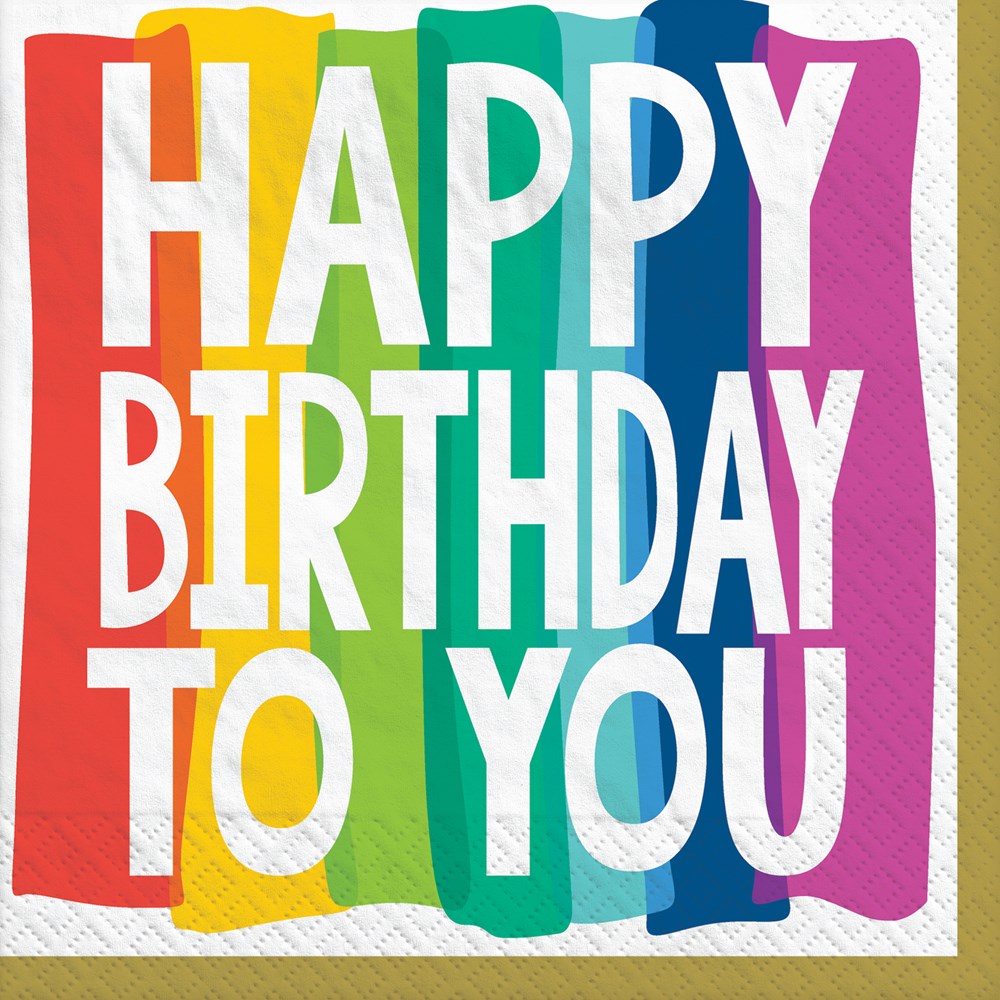 Square luncheon napkin with vertical rainbow stripes and bold white "Happy Birthday To You" text.