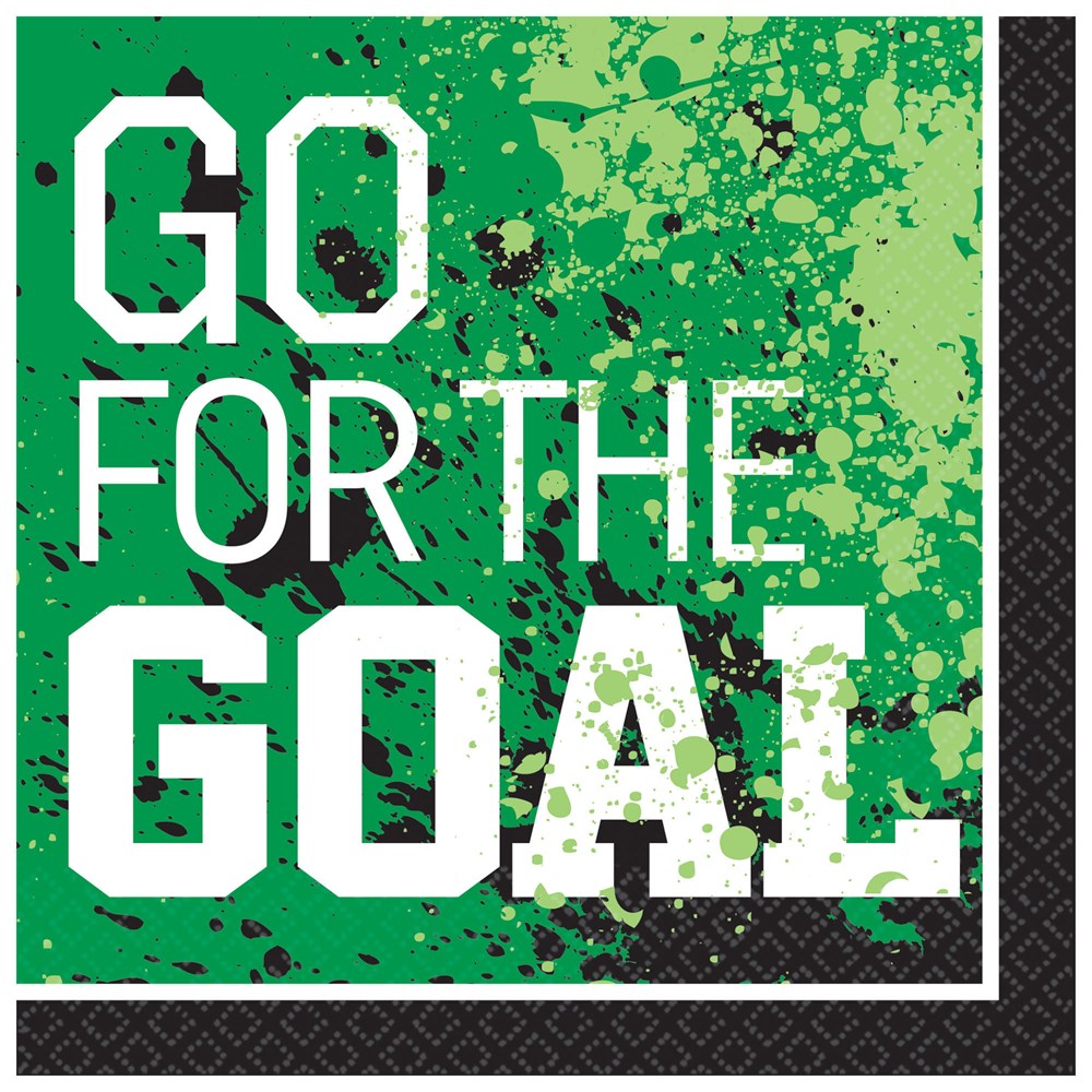 Green luncheon napkin with white bold "GO FOR THE GOAL" text and black soccer ball splatter design.