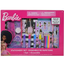 Barbie-themed stationery set in pink box with over 30 pieces including markers, pens, colored pencils, stickers, and.