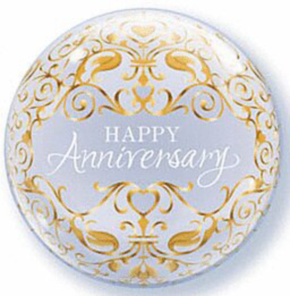 22-inch round silver foil balloon with gold filigree and "Happy Anniversary" text in white cursive.