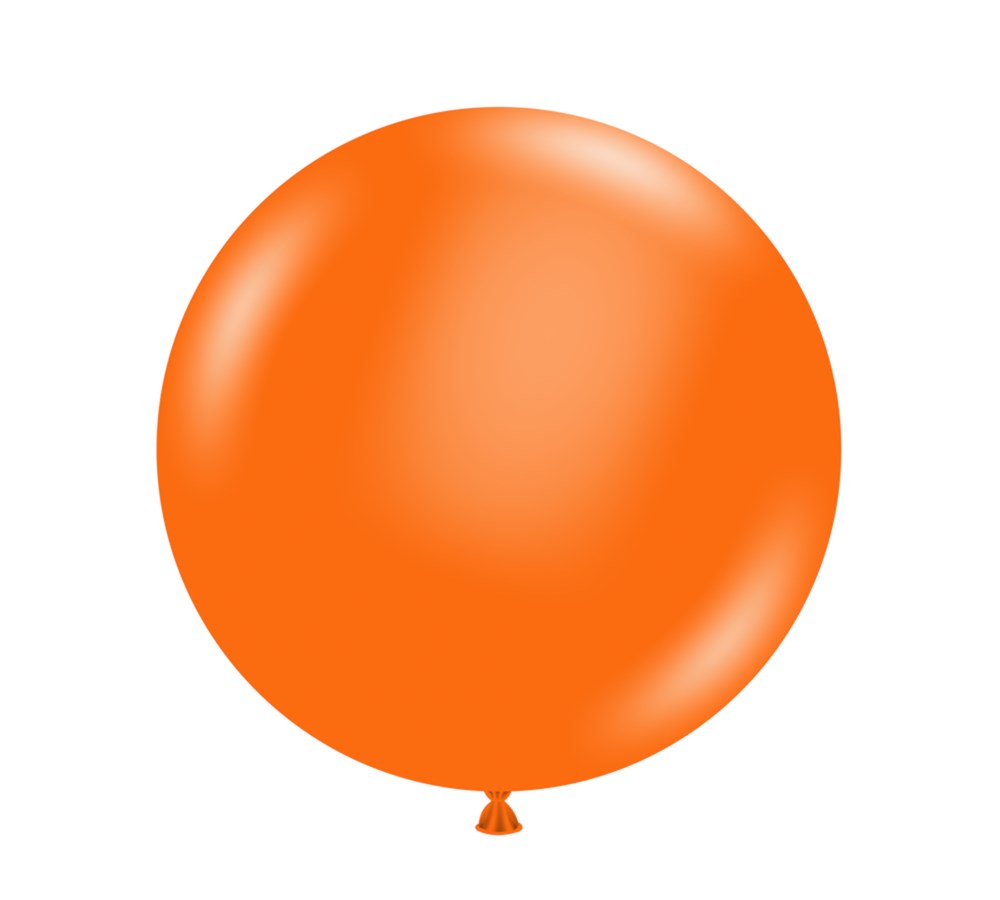 Large round bright orange latex balloon inflated, smooth glossy surface with tied end visible.