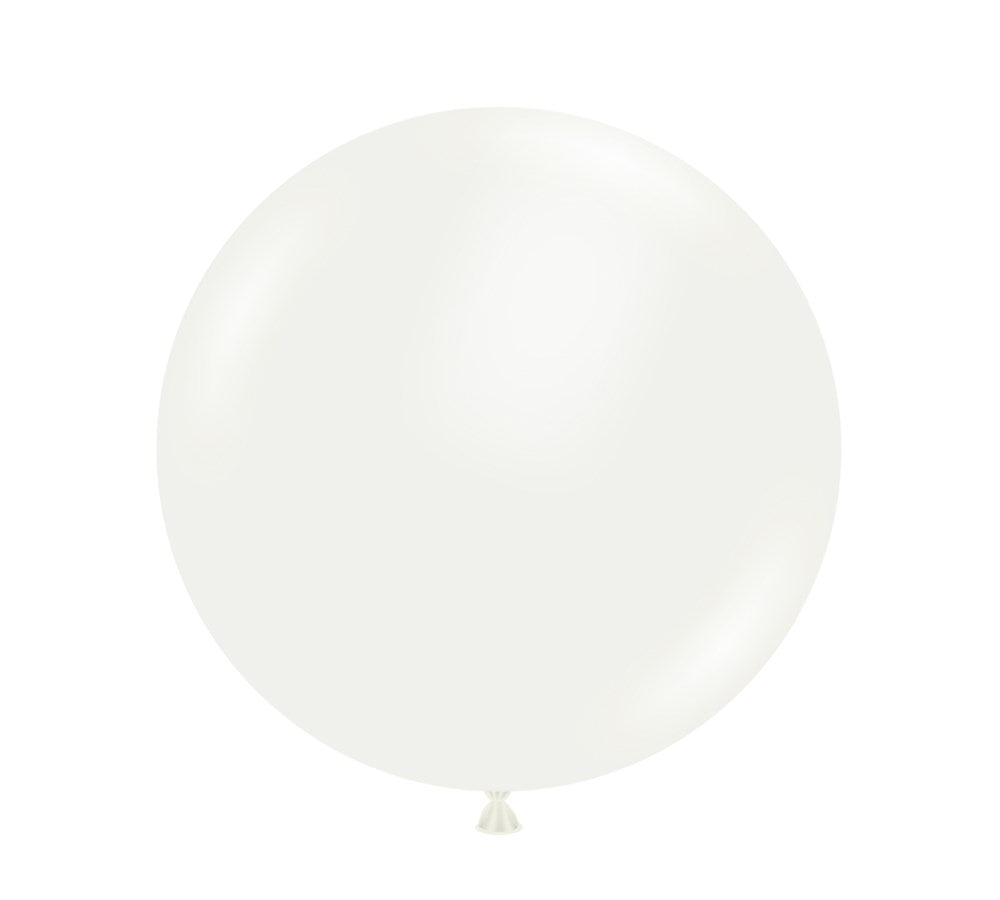 Large round white latex balloon inflated to full size with a smooth surface and tied end.