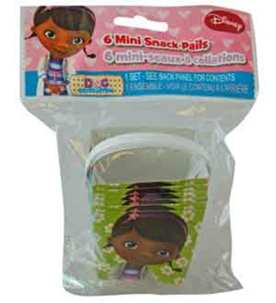 Set of six green plastic mini snack pails featuring Doc McStuffins character and floral accents.