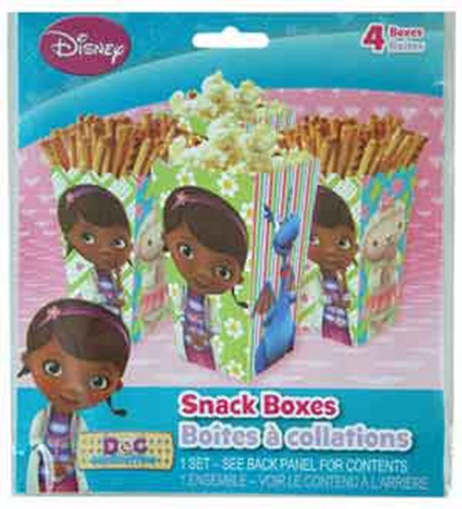 Four colorful Doc Mcstuffins-themed snack boxes with popcorn and pretzel sticks, featuring cartoon character on pastel.