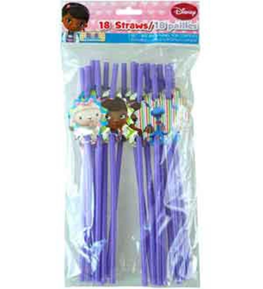 Purple plastic straws with Doc Mcstuffins character toppers including Doc, Lambie, and Stuffy in a clear packaging.