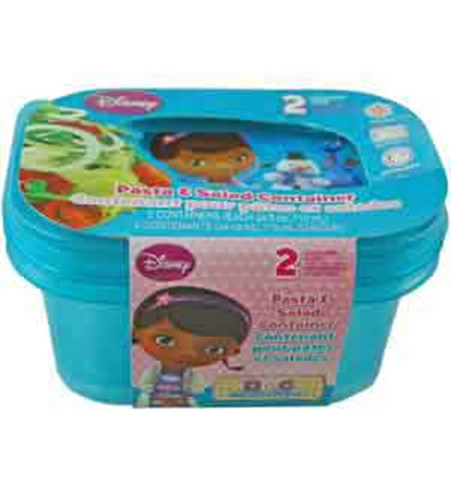 Blue plastic stackable salad containers featuring Doc McStuffins and Lambie characters on lids.
