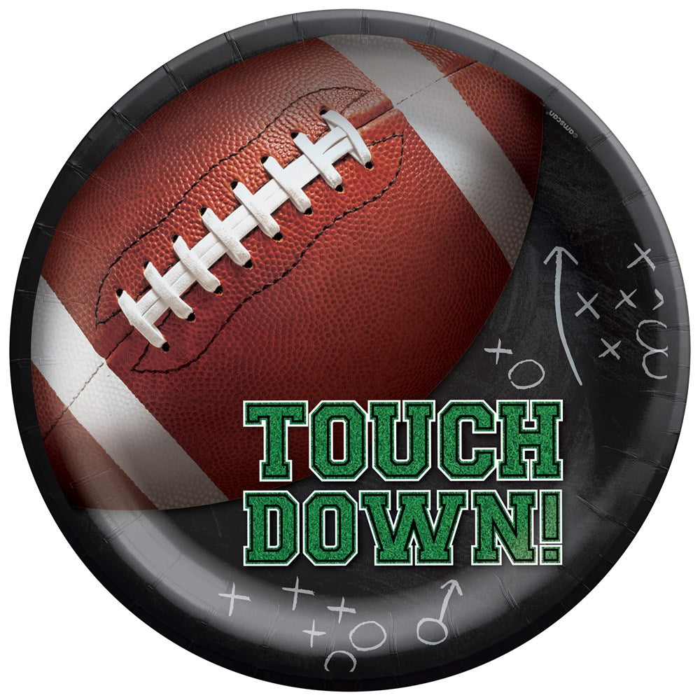 Round 10-inch paper plate with a textured football design and green "TOUCH DOWN!" text on a black background with play.