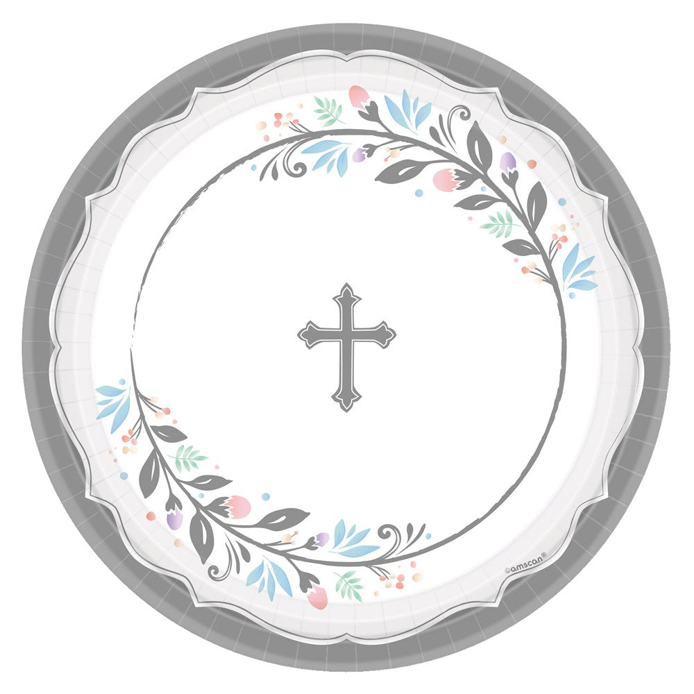 White round plate with scalloped edge, silver cross center, and floral vine border in soft pastel colors.