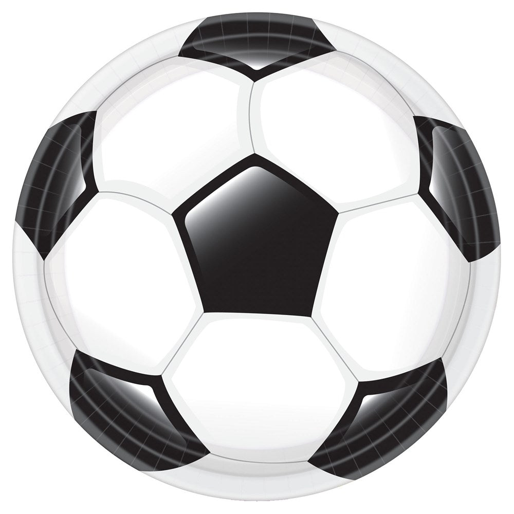 Round paper plate designed like a black and white classic soccer ball, 10.5 inches.