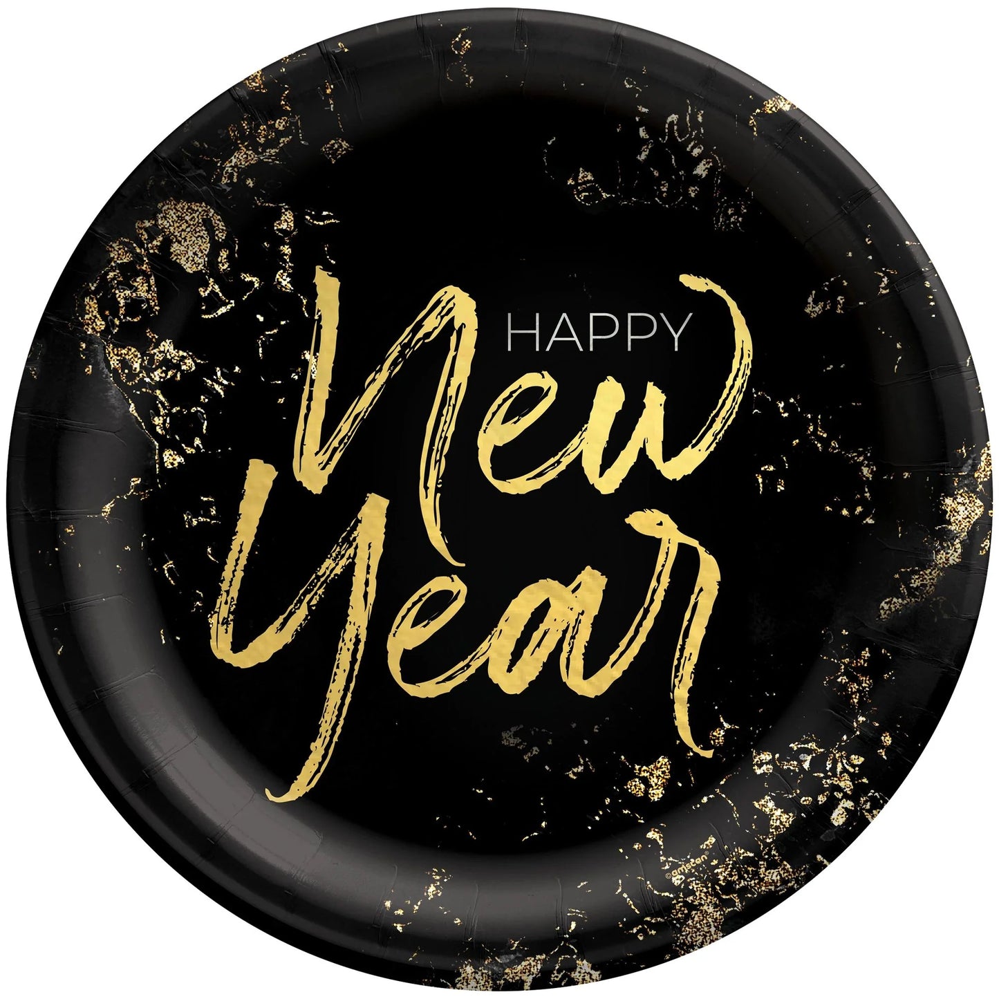 Black 10-inch round paper plate with gold confetti accents and "Happy New Year" in gold script lettering.