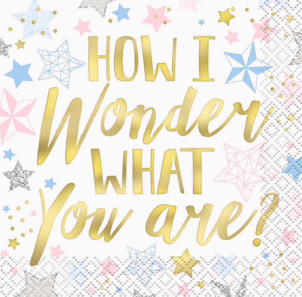 White paper napkin with gold foil text "How I Wonder What You Are?" surrounded by pink, blue, and gold stars.