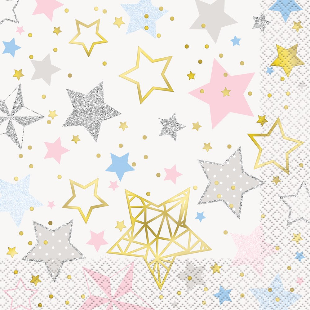 White lunch napkin with gold, silver, pink, and blue stars and small gold dots, 16 count pack.