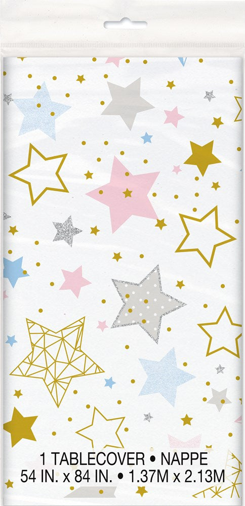 White rectangular tablecover with scattered multicolored stars in gold, pink, blue, and silver, measuring 54x84 inches.