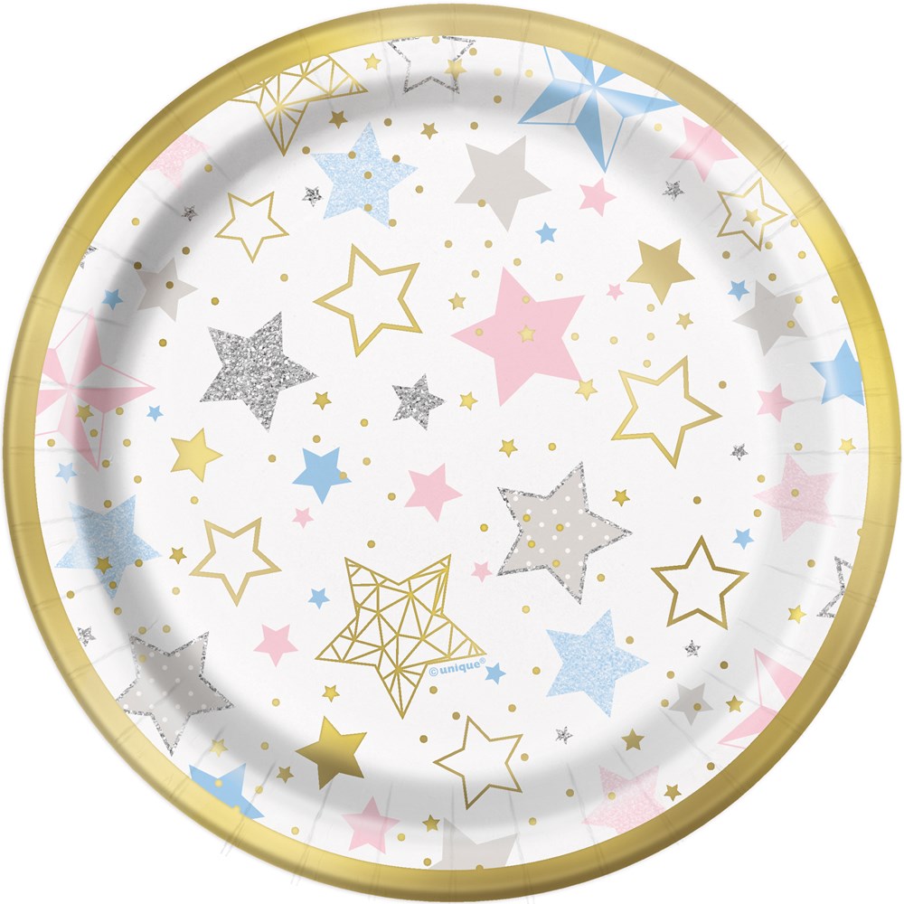 Round paper plate with gold rim decorated with pastel pink, blue, gold, and silver stars in various sizes and styles.