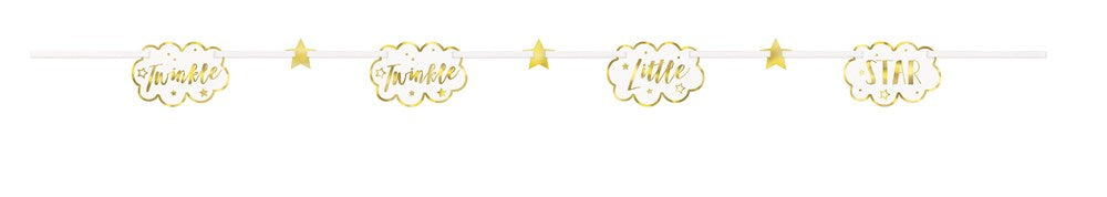 7 ft gold paper garland with stars and "TWINKLE TWINKLE LITTLE STAR" text cutouts for kids parties.