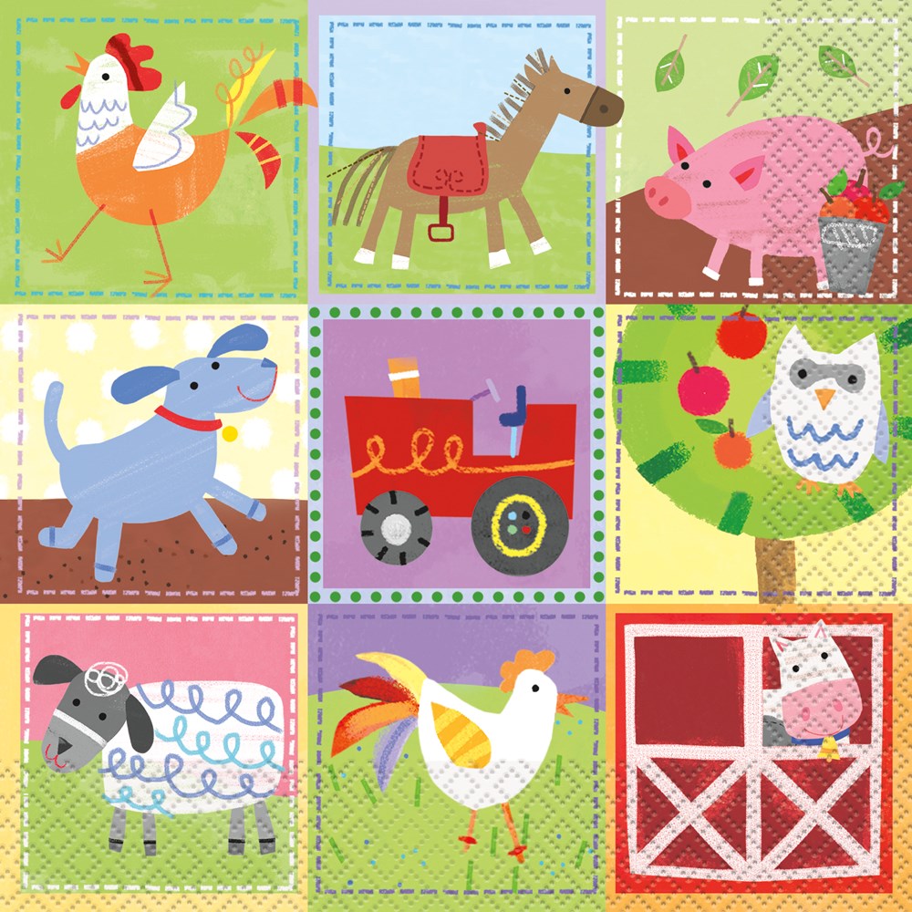 Colorful square napkins with farm animals and barns including a chicken, horse, pig, dog, tractor, owl, cow, rooster, and.