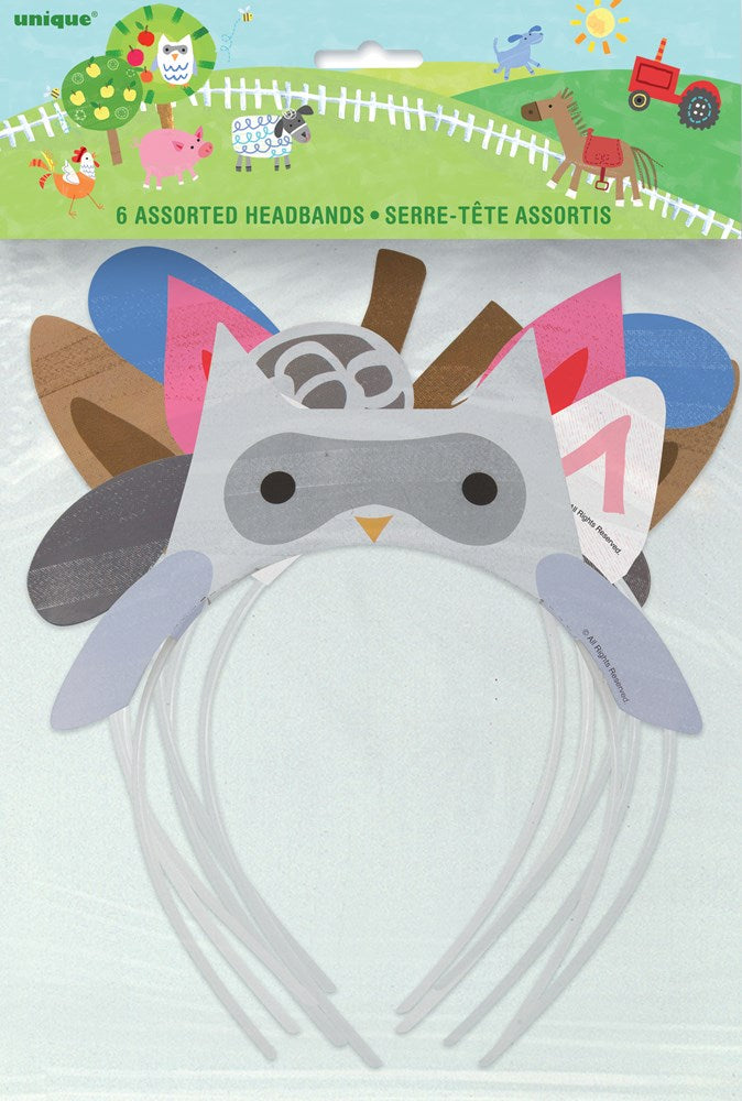 Set of six kids' farm animal headbands featuring colorful felt designs including raccoon, pink and brown ears, with attached