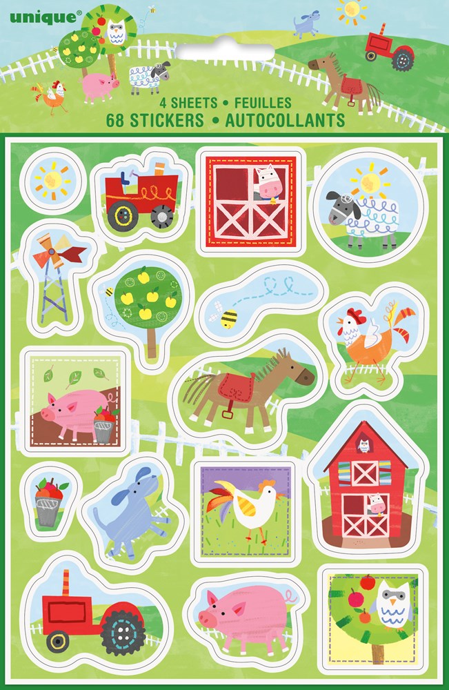 Colorful farm-themed sticker sheet with red barn, tractor, animals, and crops on green background.