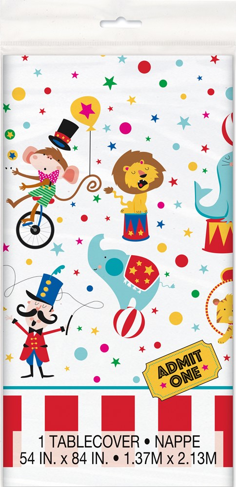Colorful circus-themed tablecover with playful illustrations of acrobat monkey, lion, elephant, and ringmaster on a white.