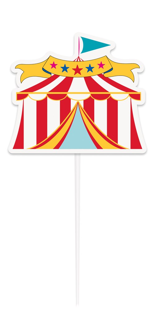 Colorful circus tent cake topper with red and white stripes, yellow stars, and a blue flag on top.