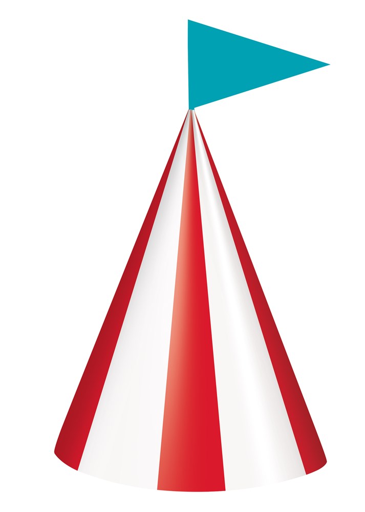 Red and white striped cone party hat with a blue triangular flag on top.