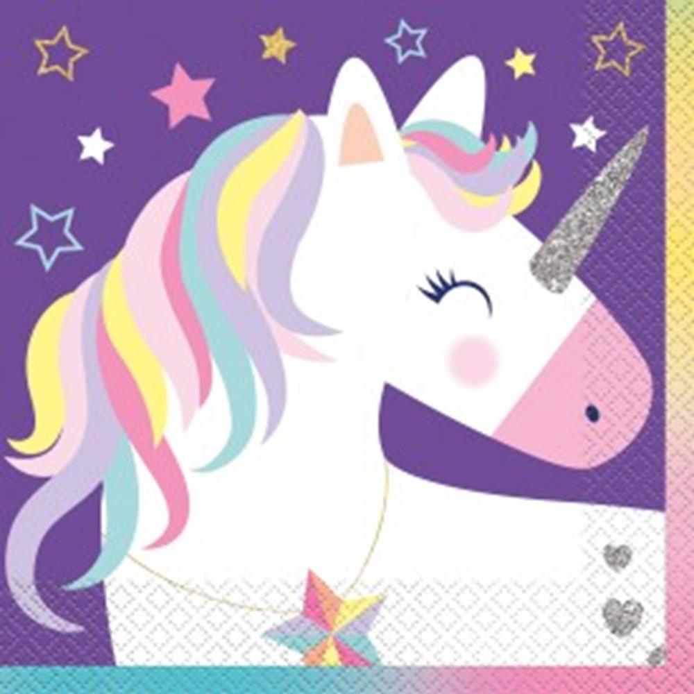 Purple lunch napkin with a pastel rainbow-maned unicorn and glittery silver horn design.