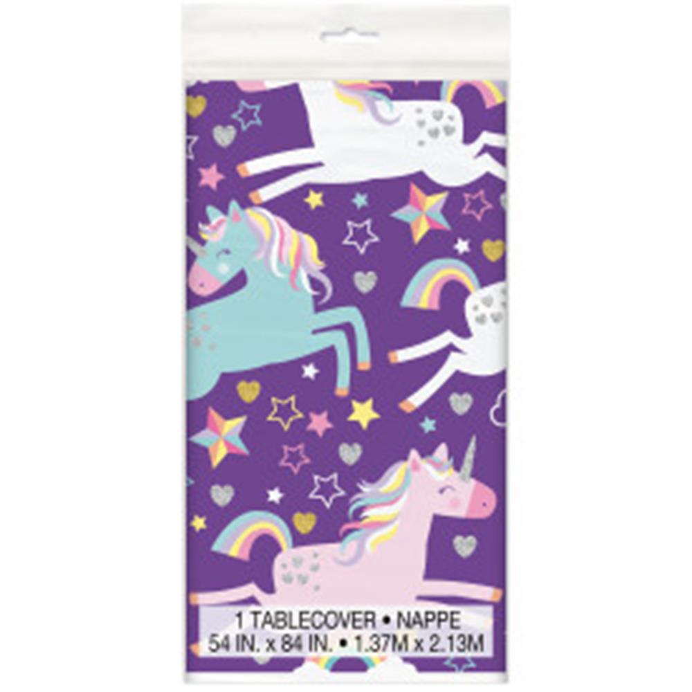 Purple plastic tablecover featuring colorful unicorns, rainbows, stars, and hearts, 54x84 inches.