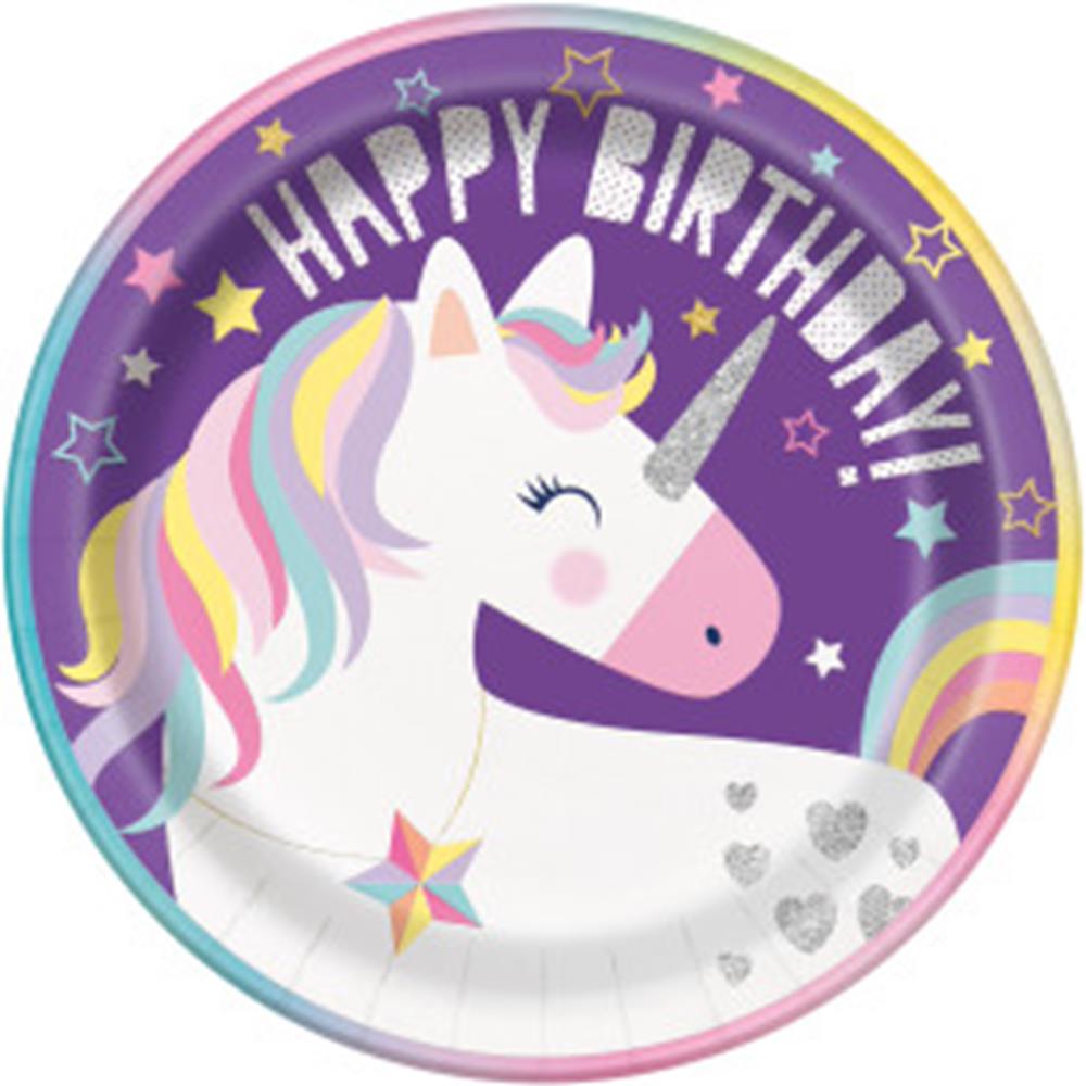 Round paper plate with a smiling white unicorn, pastel rainbow mane, silver horn, and "Happy Birthday!" on a purple.