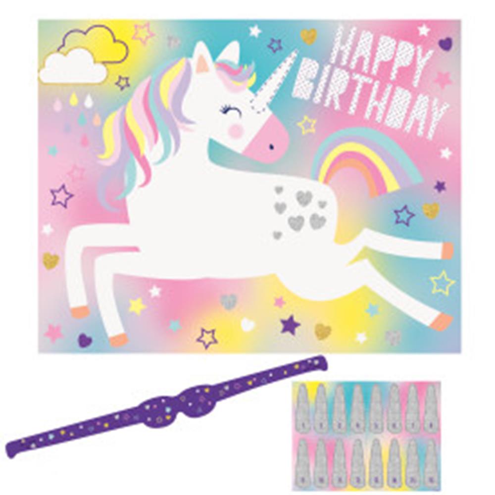 Colorful unicorn-themed birthday game board with rainbow, stars, and “Happy Birthday” text, purple wristband, and.