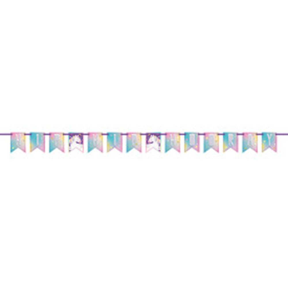 Colorful unicorn-themed pennant banner with pastel rainbow stripes and glitter accents, 7 feet long.