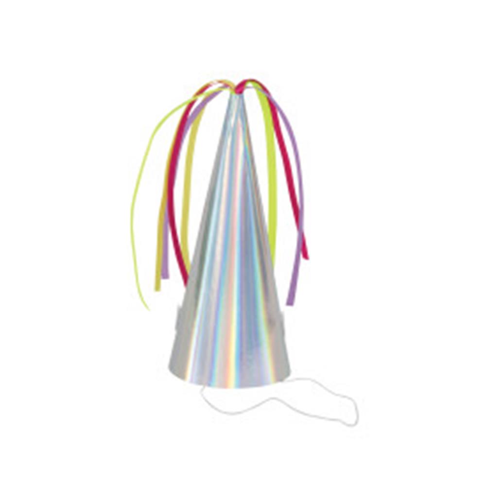 Iridescent cone-shaped unicorn horn party hat with colorful ribbon streamers and white elastic chin strap.