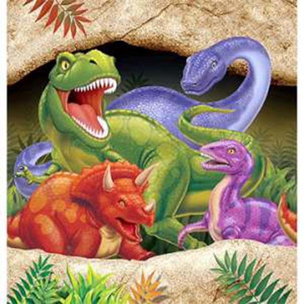 Colorful dinosaur-themed tablecover featuring green T-Rex, purple brontosaurus, red triceratops, and pink raptor on a rocky.