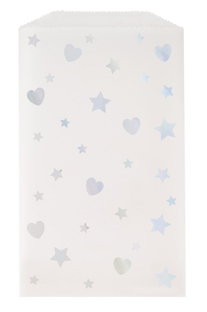 White translucent treat bag decorated with iridescent hearts and stars, 8 pieces.