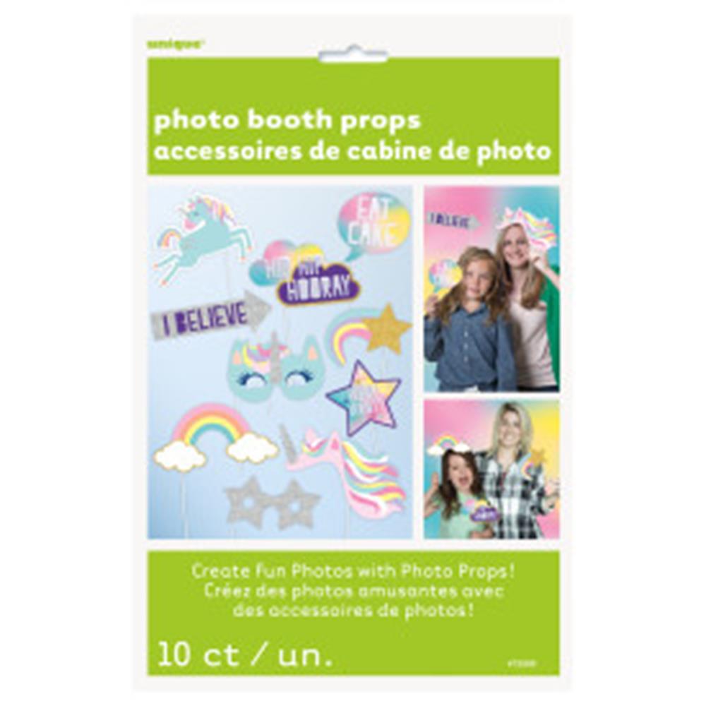 Set of 10 colorful foil unicorn-themed photo booth props with stars, rainbows, and phrases like "Believe" and "Hooray".