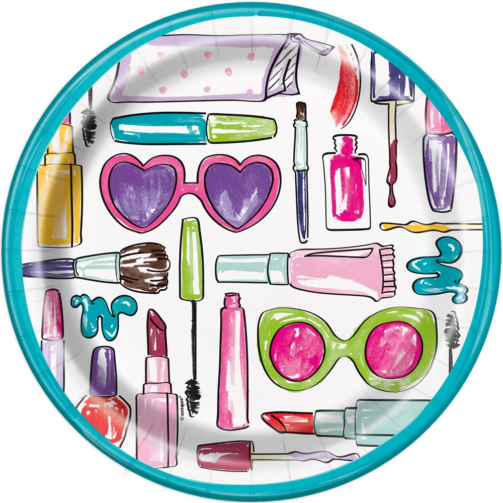 Round paper plate with colorful spa-themed illustrations including nail polish, lipstick, makeup brushes, and sunglasses on.