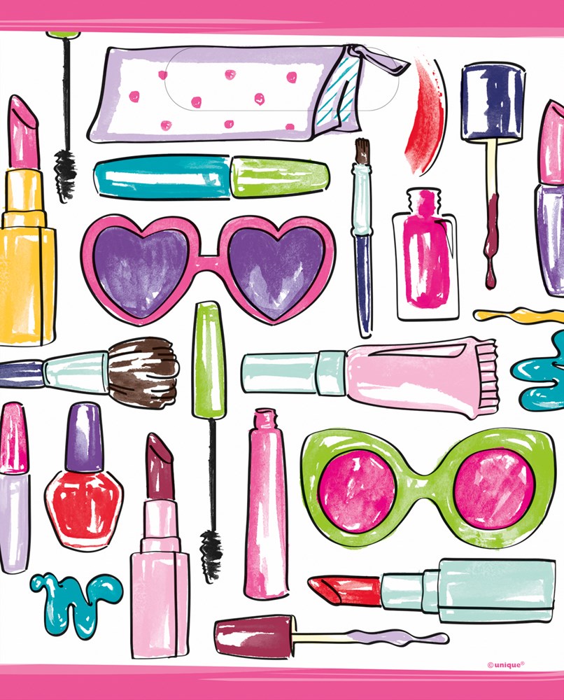 Colorful spa party lootbag items including pink and green heart-shaped sunglasses, nail polish bottles, lipsticks, mascara,.