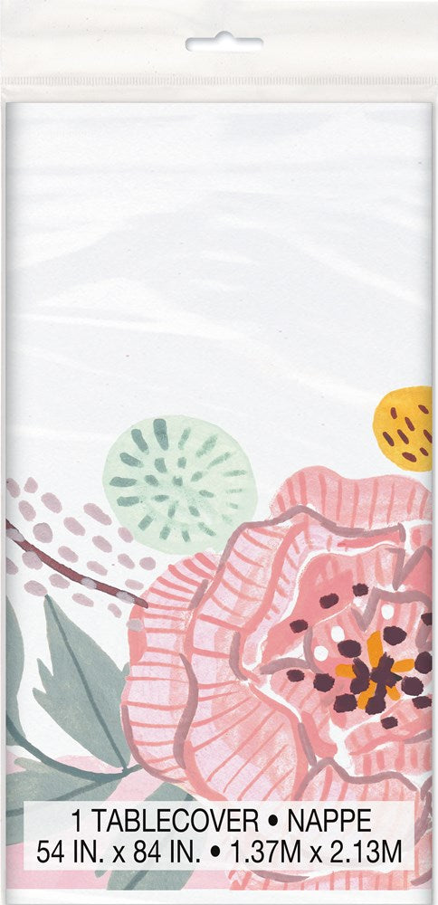 54x84 inch white tablecover with large pink floral and green leaf watercolor design.