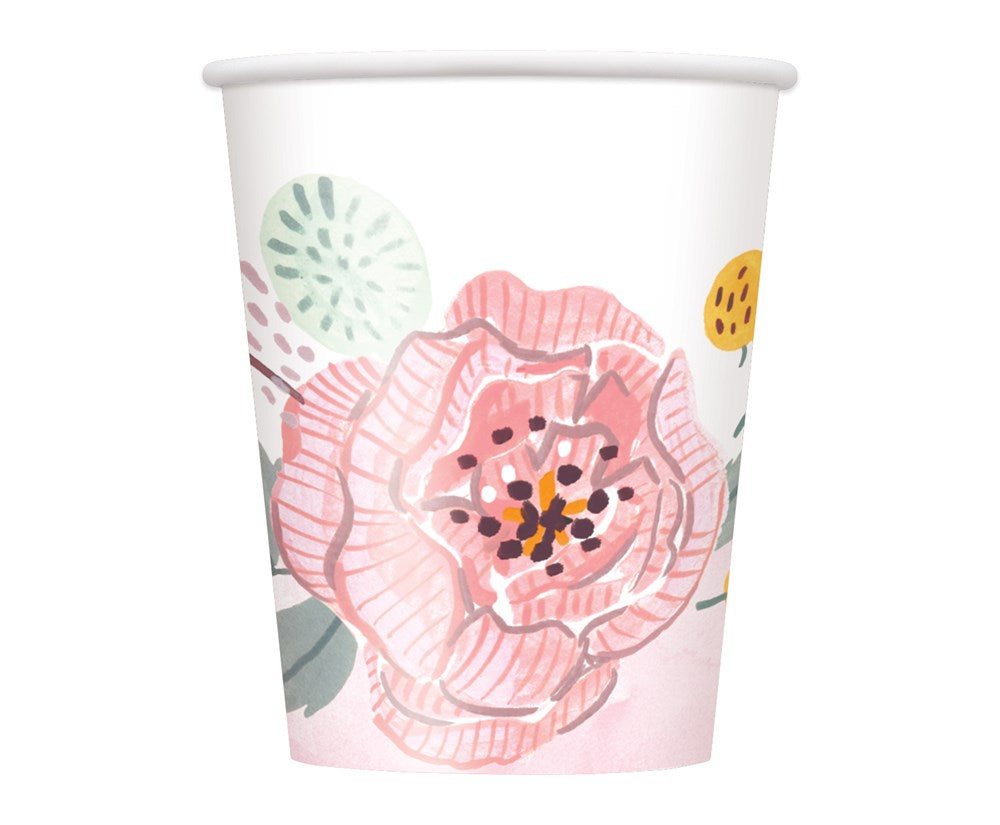 White paper cup with a large pink floral design and green and yellow leaf accents, 9oz capacity.