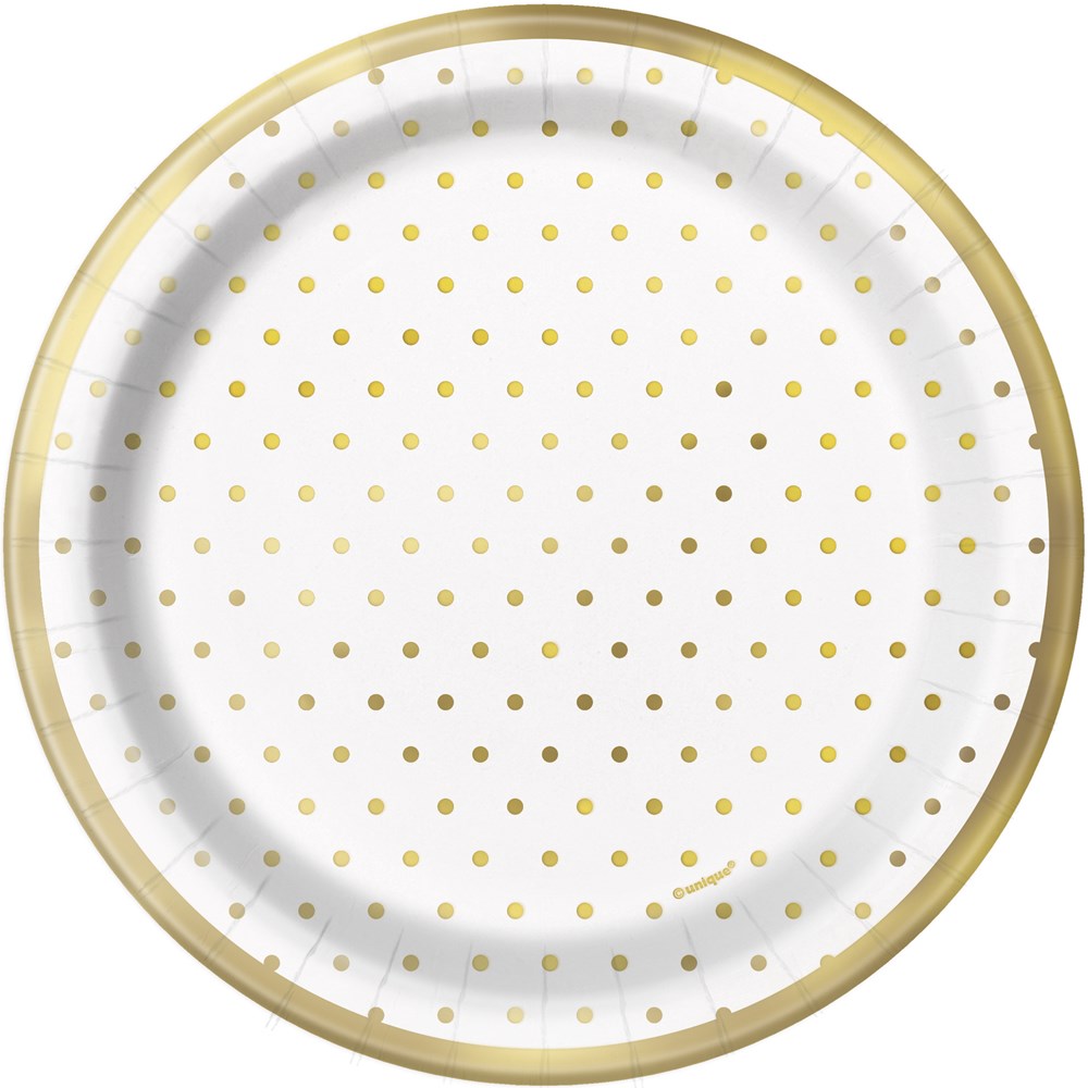 White round paper plate with small gold polka dots and a gold rim border.