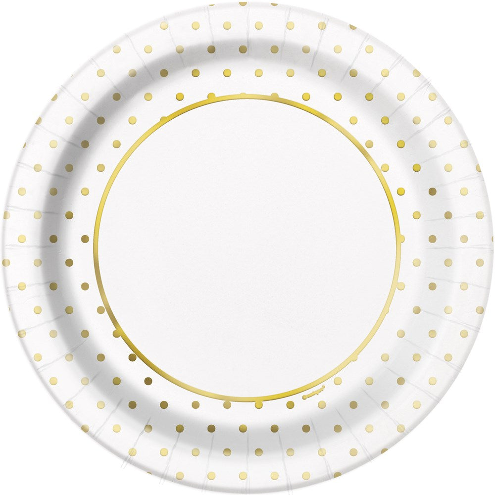 White round paper plate with a gold rim and scattered gold polka dots.
