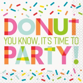 White party napkin with colorful sprinkles and bold text saying "DONUT you know, it's time to PARTY!" in bright pastel.