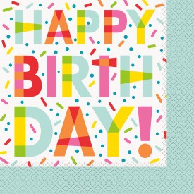 Square party napkin with multicolored "HAPPY BIRTHDAY!" text and confetti on white background.